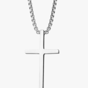 Collier pendentif croix minimaliste homme acier inoxydable argenté fond blanc chaîne vénitienne