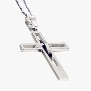 Collier pendentif double croix homme acier inoxydable argent fond blanc