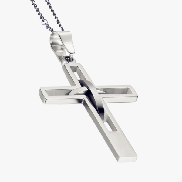 Collier pendentif double croix homme acier inoxydable argent fond blanc