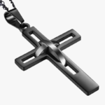 Collier pendentif double croix homme acier inoxydable noir fond blanc
