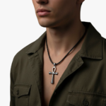 Collier pendentif homme ankh acier inoxydable argenté croix égyptienne cordon noir porté chemise kaki col ouvert