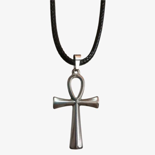 Collier pendentif homme ankh acier inoxydable argenté croix égyptienne cordon noir tressé vue de face
