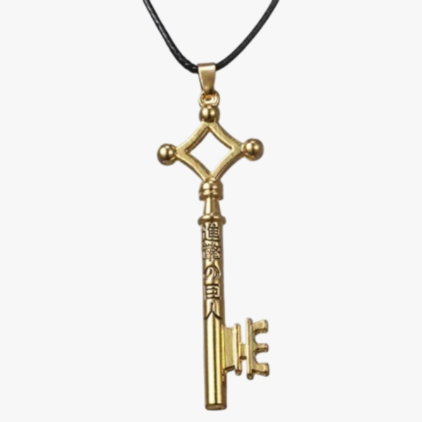 Collier pendentif homme acier doré clé manga inscriptions japonaises cordon noir vue produit fond blanc