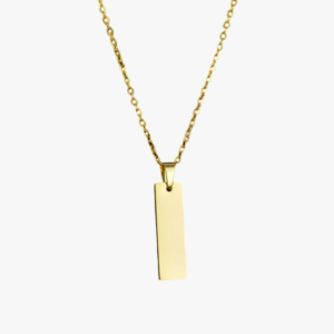 Collier pendentif homme acier inoxydable doré plaque rectangulaire lisse chaîne maille câble fond blanc