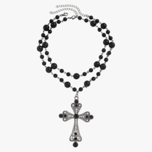 Collier perle homme pendentif croix baroque noir argenté strass sur fond blanc vue produit