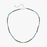Collier perle homme rocaille noir turquoise blanc argente fermoir mousqueton argente fond blanc