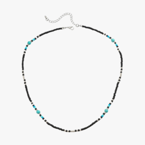 Collier perle homme rocaille noir turquoise blanc argente fermoir mousqueton argente fond blanc