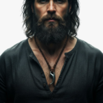 Collier viking homme griffe loup pendentif acier argenté sur cordon cuir marron tressé porté par un homme barbu en tunique lin gris