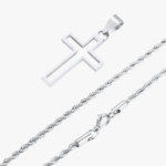 Collier pendentif croix ajourée homme acier inoxydable argent chaîne corde fond blanc